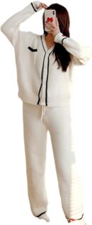 Women Casual V-Neck Gentle Knit Cashmere Thermal Pajama Set