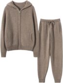 Women Cashmere and Wool Blend Casual Knit Long Sleeve Thickening Type Hoodie Sweater and Pants Set, 2 Pieces,