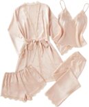 Women Silk Pajamas Set 4pcs with Robe Lace Trim Shorts Lounge Sets Pants Sleepwear