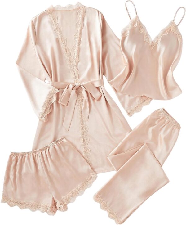 Women Silk Pajamas Set 4pcs with Robe Lace Trim Shorts Lounge Sets Pants Sleepwear