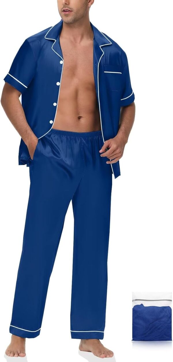 Mens Silk Pajama Set Satin Pjs Short Sleeve Button Down Sleepwear Classic Loungewear Set With Pants S-3XL