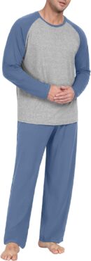 Men's Pajama Set Sleepwear Pjs Lightweight Long Sleeve Crewneck Shirts and Bottoms Soft Comfy Sleep Sets