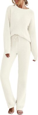 Women Fuzzy Fleece Long Sleeve 2 Piece Loungewear Outfits Sweater Pants Pajama Sets