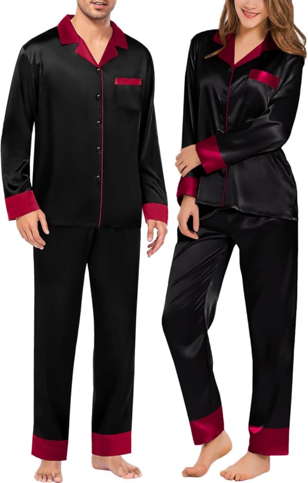 Couples Satin Pajama Set Women & Men Long Sleeve Sleepwear Button Down Loungewear Silky Pj Set with Long Pants