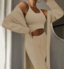 Women Fuzzy 3 Piece Sweatsuit Open Front Cardigan Crop Tank Tops Wide Legs Pants Lounge Sets