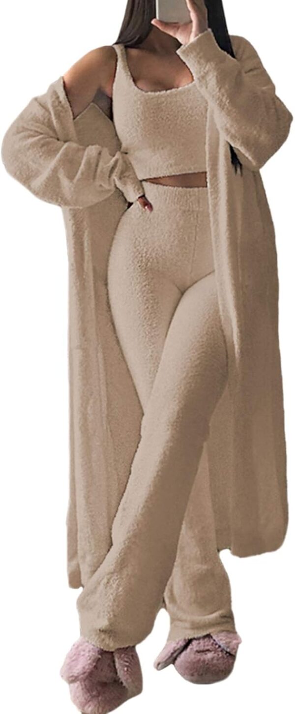 Women Fuzzy 3 Piece Sweatsuit Open Front Cardigan Crop Tank Tops Wide Legs Pants Lounge Sets