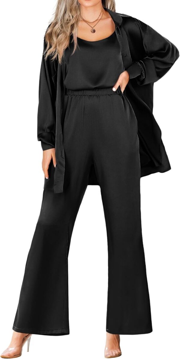 Women Silk 3 Piece Pajamas Satin Camisole Loungewear Set Button-Down Cardigan with Loose Pants S-XXL