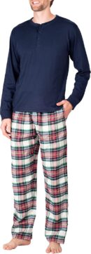 Men??s Pajama Set Pajamas For Men 2 Piece PJ Set with Cotton Flannel Men Pajama Pants and Long Sleeve Henley T-Shirt