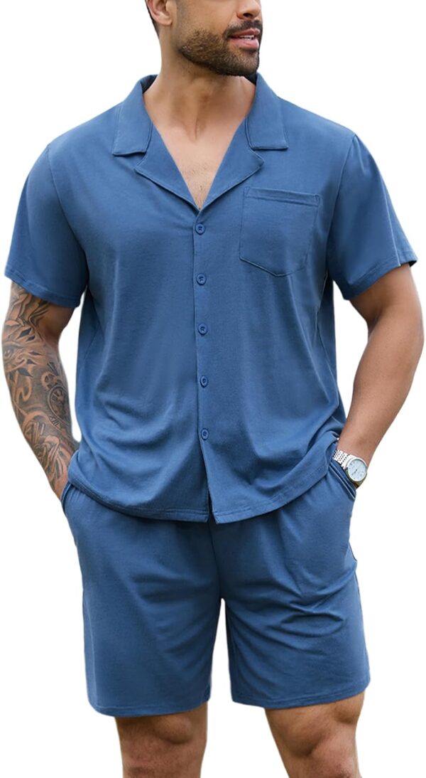 Men Pajama Set Cotton Sleepwear Short Sleeve Button Down Pajamas Loungewear 2 Piece Pj Set with Pockets S-2XL