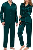 Couples Pajamas Women &Mens Matching Pajamas Set Silk Satin Pj Set Long Sleeve Button Down Sleepwear 2 Pcs Loungewear