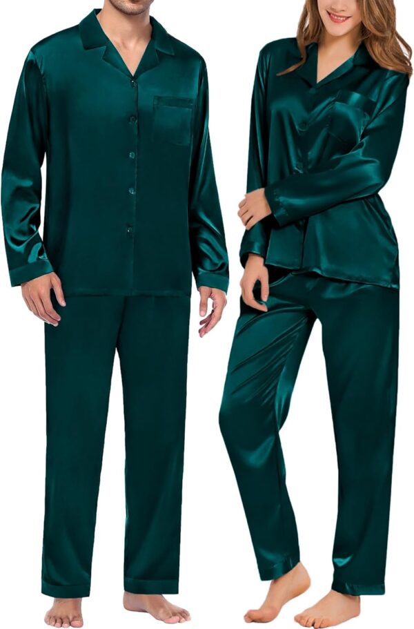 Couples Pajamas Women &Mens Matching Pajamas Set Silk Satin Pj Set Long Sleeve Button Down Sleepwear 2 Pcs Loungewear