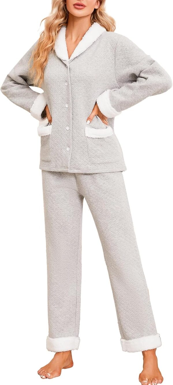 Women Pajama Set Soft Warm Sherpa Shawl Collar Long Sleeve Quilted Fabric Cotton Cozy Button-Down Pjs