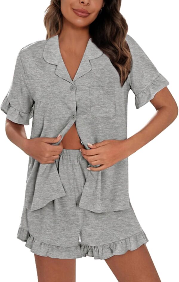 Woman Pajama Set Short Sleeve Pjs Set 2Pcs Short Pajamas Button Down Ruffle Hem Sleepwear Soft Modal Loungewear