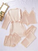 Women Silk Pajamas Set 4pcs with Robe Lace Trim Shorts Lounge Sets Pants Sleepwear
