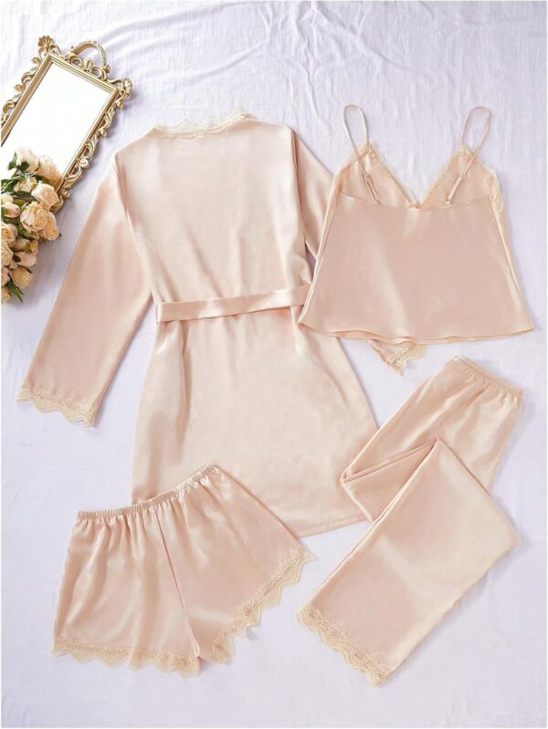 Women Silk Pajamas Set 4pcs with Robe Lace Trim Shorts Lounge Sets Pants Sleepwear - Image 2