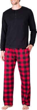 Men??s Pajama Set Pajamas For Men 2 Piece PJ Set with Cotton Knit Men Pajama Pants and Long Sleeve Henley T-Shirt