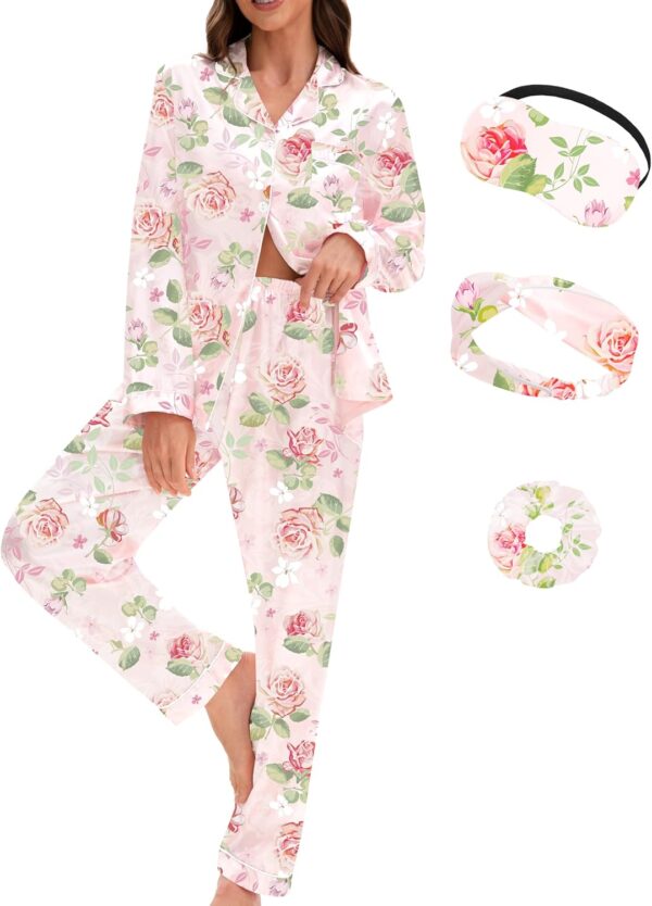 Silk Pajamas for Women Satin Pajamas Set 5 Pcs Long Sleeve Print Pattern Button Down Pjs Sleepwear Loungewear Set