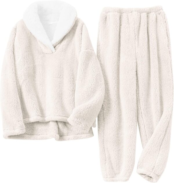 Women??s Winter Fluffy Pajama Set Fleece Pullover Loose Plush Lounge Sets Sleepwear Fuzzy 2 Piece Pjs Set