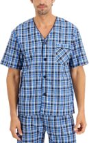 Mens Pajamas Set, 2 Piece Summer PJs With Short Sleeve Button Down Shirt and Shorts, Soft Cotton Blend