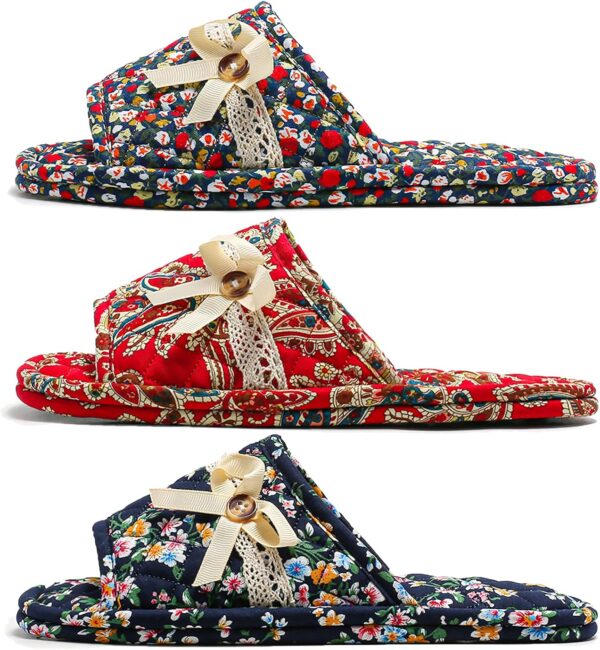 3 Pairs Floral Cotton House Slippers for Women, Open Toe Indoor Slippers Comfortable Washable Portable Foldable Guest Travel Hotel Airplane Spa Slippers - Image 2