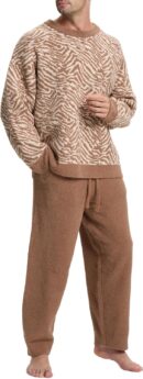Mens Fleece Plush Pajama Set Ultra Soft Fluffy Warm Oversized Pjs Long Sleeve Top & Bottom Knit Winter Sleepwear