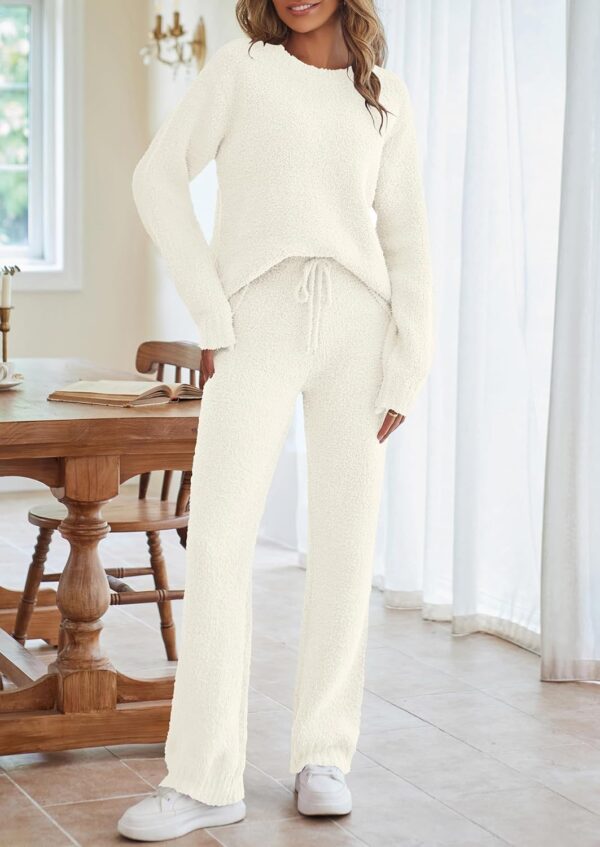 Women Fuzzy Fleece Long Sleeve 2 Piece Loungewear Outfits Sweater Pants Pajama Sets - Image 2